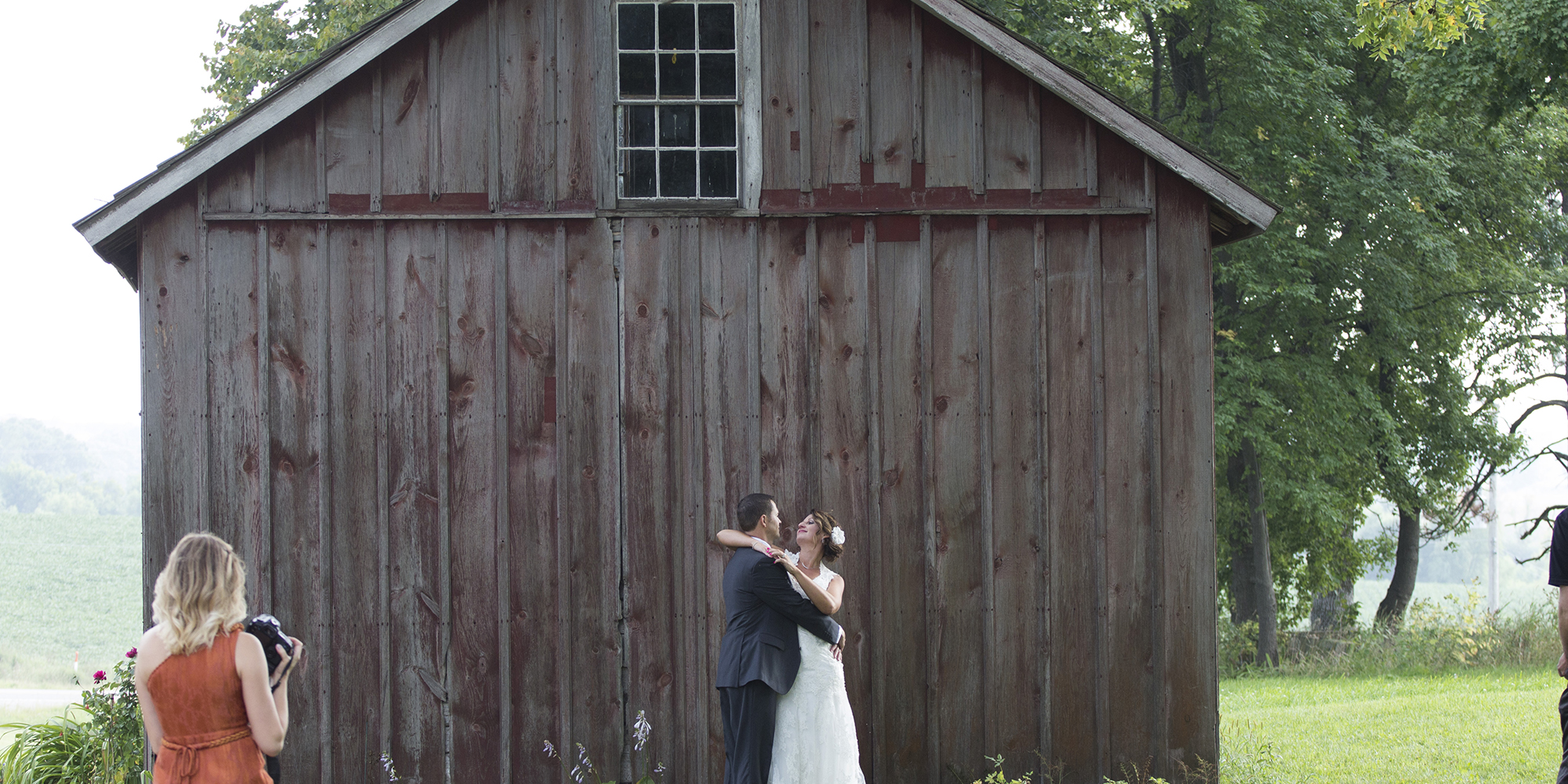 bride and groom shed